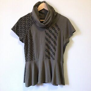 Fairygrunge Olive Green Cotton Hemp Patchwork Peplum Cowl Neck Top - L